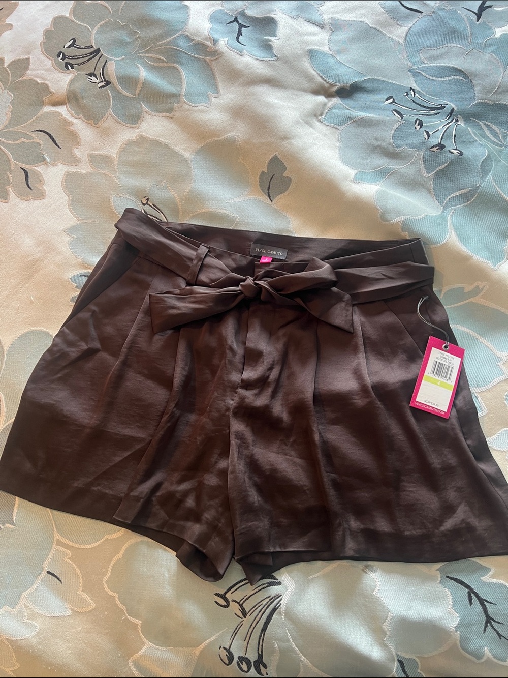 Vince Camuto Chocolate Brown silky High-Waist Tie Front Shorts w zip